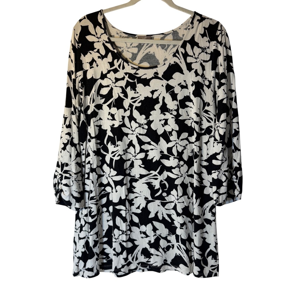 Bell Black White Floral Tunic Top 3/4 Sleeve Bow Cuff Scoop Neck Size L